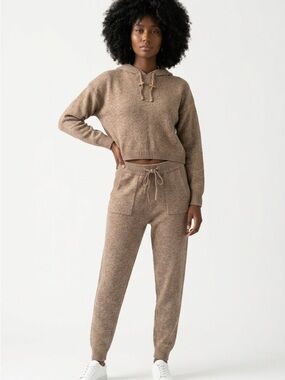 Neutral Ribbed Knit Hoodie Set - Warm Taupe Tone